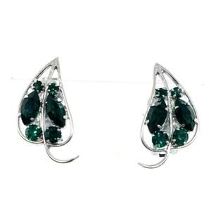 Vintage Earrings Leaf With Emerald Green Rhinestones Clip On Silver Toned
